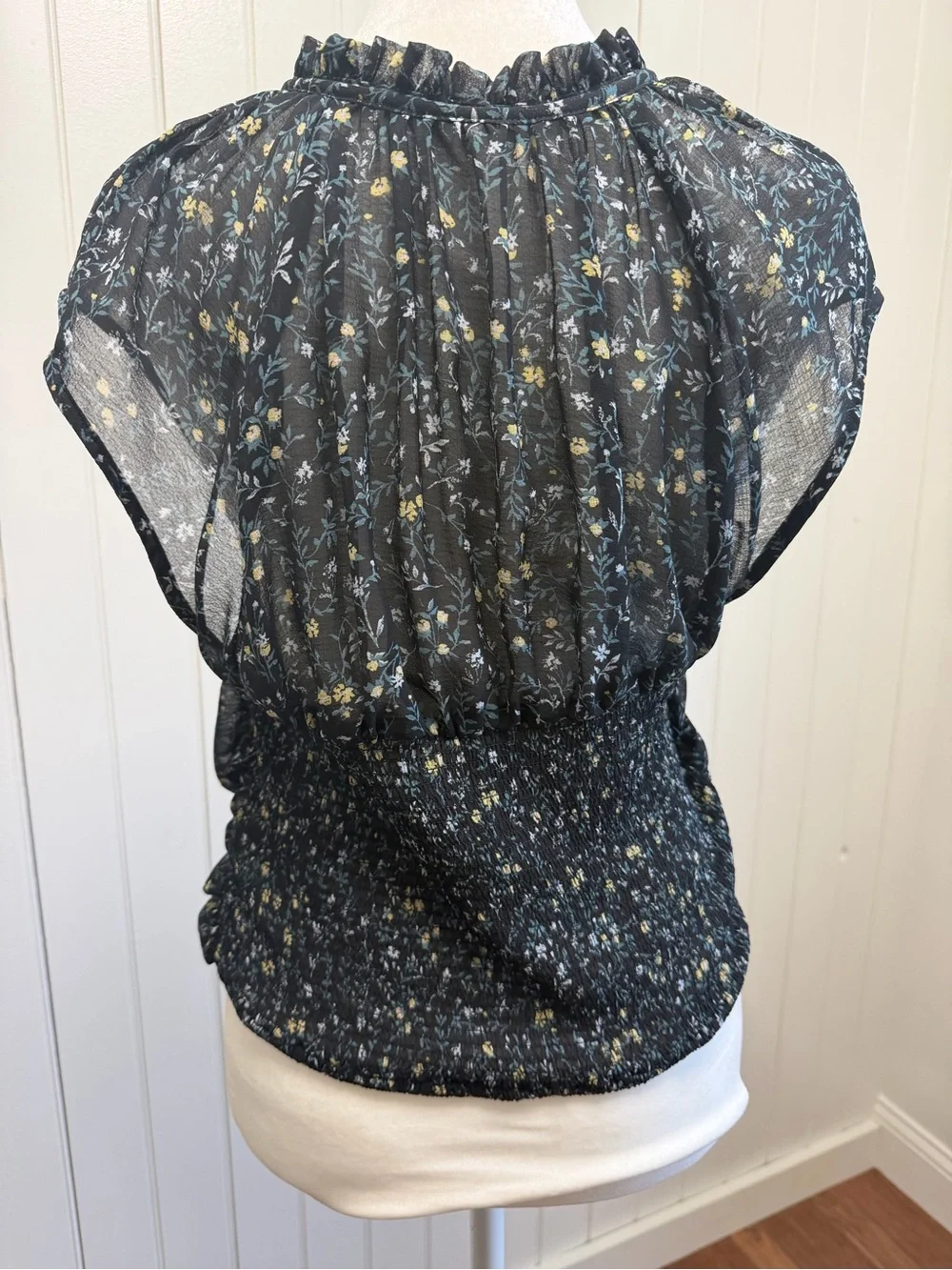 Free People Black Floral Tie-Neck Blouse